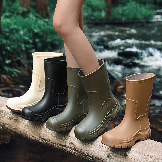Korean and Japanese Cross-Border Women's Mid-Calf Outdoor Non-Slip Water Shoes, Thick-Soled Water Boots, Fleece-Lined Rubber Shoes, Rain Boots, Waterproof