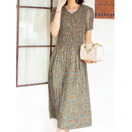 Miyake pleated 2025 summer new temperament round neck printed pleated skirt fashion waist thin magic dress