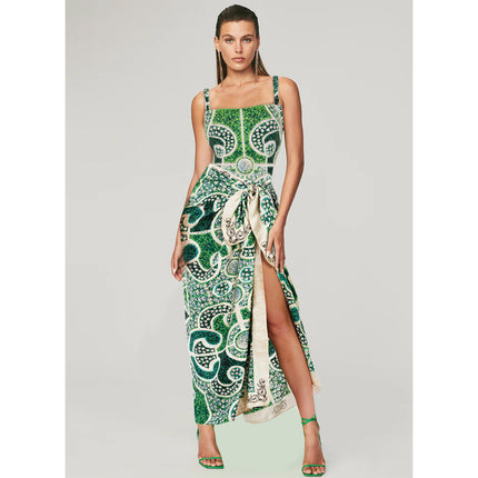 2025 European and American New Style Printed Tassel One-Piece Swimsuit Wrap Skirt Suit Women's Cross-Border Hot Style