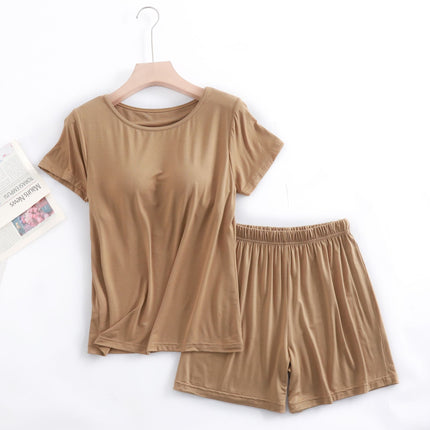 Modal Women's Short-sleeved Pajamas Set with Chest Pad Five-finger Cup Large Size Bra-free Half-sleeved Loose Shorts Home Clothes