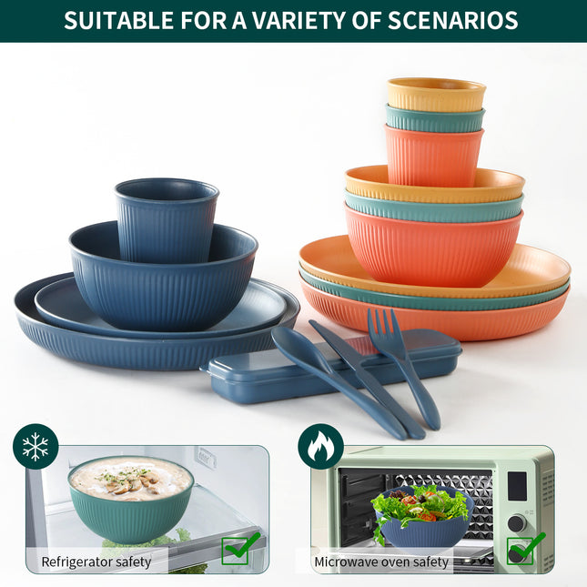 Amazon Special Wheat Straw Household Plastic Dinner Plate Round Rice Bowl Cup Spoon Fork Tableware Gift 16 Pieces suit