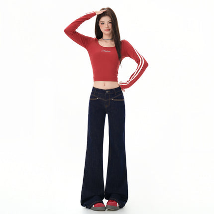 American-Style Front Pocket Flared Jeans for Women, 2025 Autumn and Winter New Low-Waist Loose Slimming Horse Hoof Flared Pants