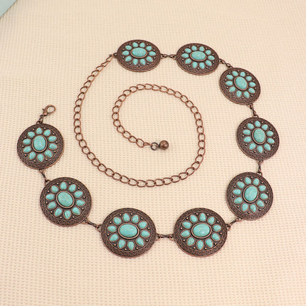 Cross-Border European and American Bohemian Ethnic Style Turquoise Eco-Friendly Alloy Handmade Jewelry Waist Chain Vintage Chain