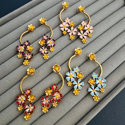 Oscar European and American Style Long Retro Old Flower Enamel Earrings High-End Niche Design Asymmetric Earrings