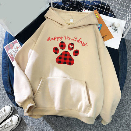 Happy Pawlidays Red Plaid Dog Feet Printed Hooded Sweat Autumn/Winter European Men's and Women's Top