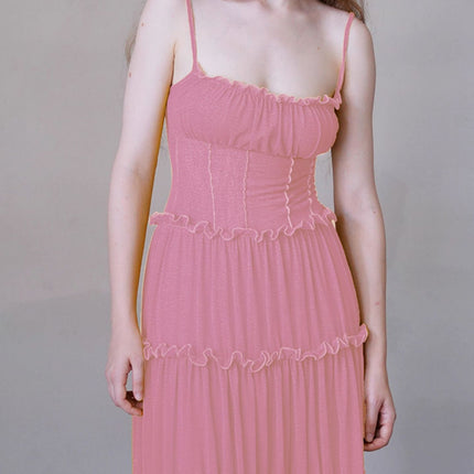 Pink French Design Niche Waist-Cinching Suspender Drapey Long Skirt with Open Back for Spring and Summer