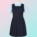 Dark blue (dress) + women's contrasting pointed collar short-sleeved shirt + belt / XS