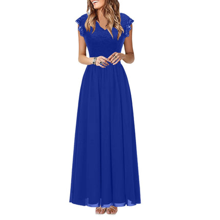2022amazon summer sexy hollow V-neck large swing dress sleeveless lace stitching chiffon long dress