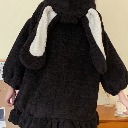 Autumn and Winter Soft Girl Cute Fur Ball Rabbit Ears Hooded Imitation Cashmere Thickened Sweatshirt Jacket Student Girl Wholesale