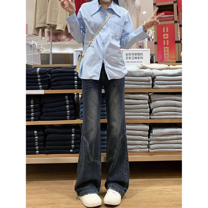 Cement Gray Wide-Leg Jeans for Women Spring New Retro American High-Waist Slim Loose Non-Stick Straight Pants