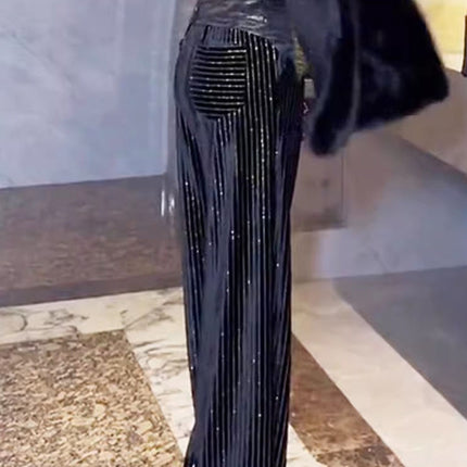 Chinese Style Rhinestone High-End Black High-Waisted Straight Wide-Leg Pants for Women, Winter Slimming Versatile European High-Quality Floor-Length Pants