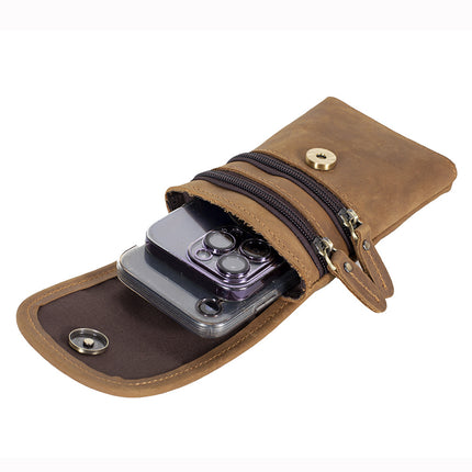 Cross-border Crazy Horse Leather Mobile Phone Bag 6-inch Genuine Leather Men's Waist Bag Top Layer Cowhide Vintage Construction Site Wearing Belt Trouser Waist Hanging Bag