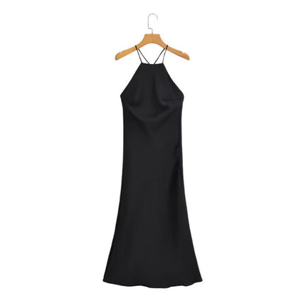 Foreign Trade Cross-Border Women's Clothing 2025 New Summer Style French Sexy Open Back Design Silk Satin Texture Suspender Dress