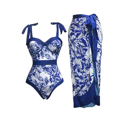 2024 New French lace-up swimsuit women's hot spring beach vacation one-piece bikini sexy printed suit swimsuit