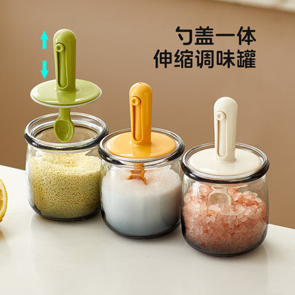 Retractable Seasoning Box Glass Kitchen Seasoning Jar Spoon Lid Integrated Monosodium Glutamate Seasoning Jar Household Salt Jar Seasoning Bottle suit