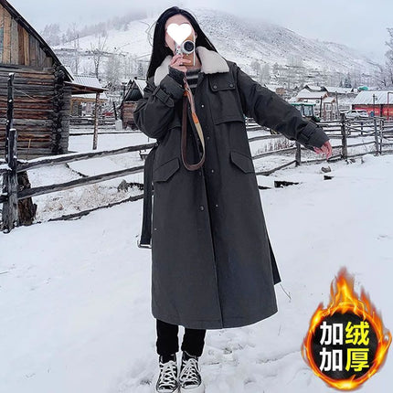 fleece-lined Thickened Coat Women's Mid-length Coat Style Pike Dress 2024 Winter New Loose Over-the-knee Cotton-padded Coat