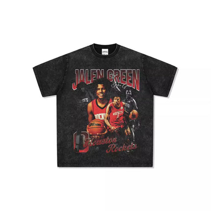 Jalen Green American Printed Long-Sleeved Short-Sleeved T-Shirt Washed and Distressed Heavy Loose Men's Clothing
