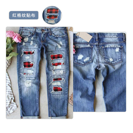 Cross-Border Amazon Hot-Selling European and American Women's Ripped Printed Patch Jeans Mid-Waist Straight Pants in Stock