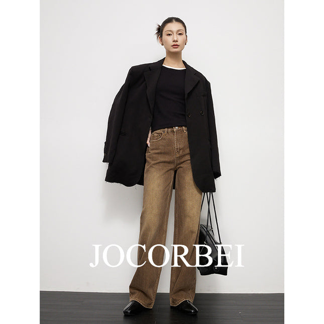JOCORBEI [Dark Brown Coffee] Wide Leg Jeans Women's Straight Slimming American Casual High Street Vintage Washed