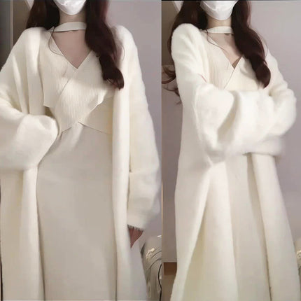 2024 Autumn and Winter Gentle Temperament Lazy Knitted Cardigan Base with Milk Waxy Knitted Dress suit
