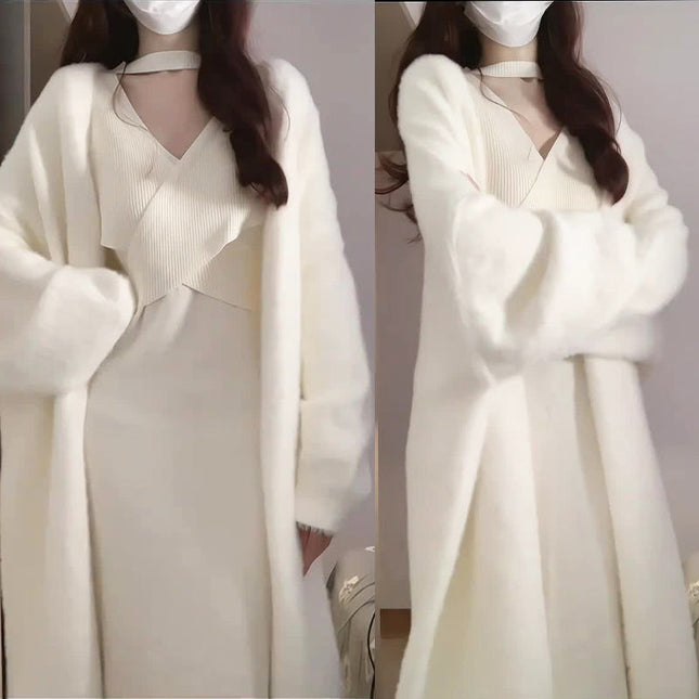 2024 Autumn and Winter Gentle Temperament Lazy Knitted Cardigan Base with Milk Waxy Knitted Dress suit