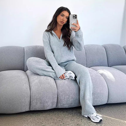 European and American Cross-Border 2026 Autumn and Winter Hot-Selling New Product Two-Piece Casual and Comfortable Lapel Long-Sleeved Sweater Knit Set
