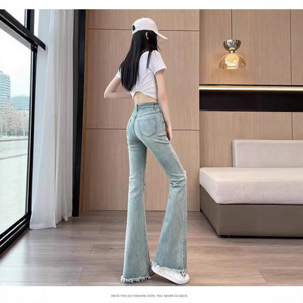Ripped Raw Edge Bootcut Jeans for Women Summer 2025 New High-Waist Slim Design Flared Floor-Length Pants