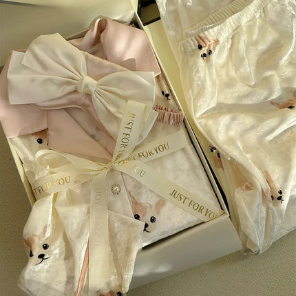 Velvet Pajamas for Women, Cute Rabbit Autumn and Winter Long-Sleeve Long Pants Sweet and Cute Warm Loungewear Two-Piece Set