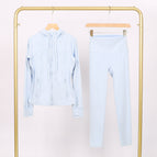 Powder blue hooded stamped jacket cropped pants suit / 2/S