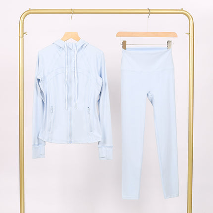 Lulu Df Stamped Hooded Jacket and Cropped Pants Set, Tight-Fitting Stretch Jacket with Gold Zipper, Fitness Yoga Outfit