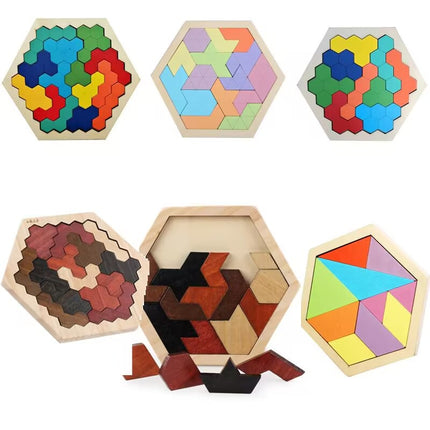 Wooden hexagon intelligence geometric puzzle cellular jigsaw puzzle honeycomb puzzle kindergarten baby toy