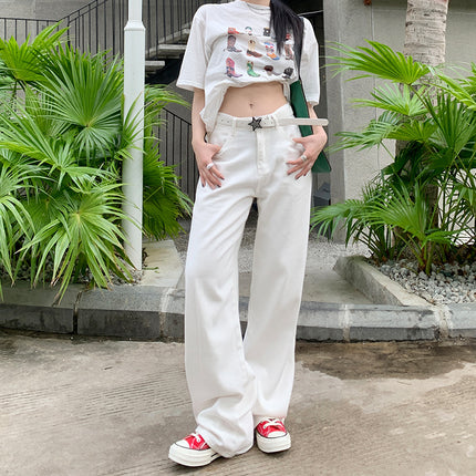 With inch women's clothing | 2025 loose Denim wide leg white straight pants women slim mop pants pear-shaped slim