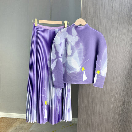 Early Autumn Pleated Fashion Stylish Design Printed High Neck Slim-Fit Stretch Long Sleeve Top Elastic Waist Skirt suit