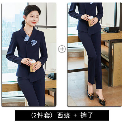 Navy Blue Blazer for Women 2024 Autumn Professional Attire Hotel Front Desk Attendant Formal Suit Work Uniform