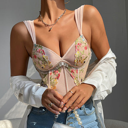 Cross-border French Slim Sling Fishbone Vest Foreign Trade European and American New Retro Flower Sexy Small Vest Top for Women