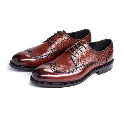 Men's Formal Business Leather Shoes, Genuine Leather Derby Shoes, Brogue Carved Shoes for Office, Wedding, and Banquet Occasions, Cross-Border
