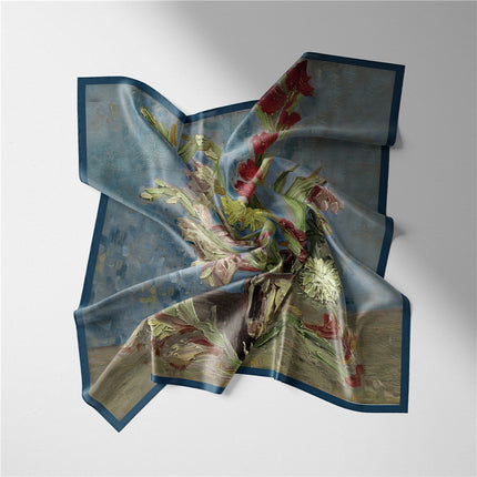 53cm Spring French Van Gogh Oil Painting Series Bottle Phoenix Flower Women's Decorative Small Scarf Silk Scarf Small Square Scarf Wholesale