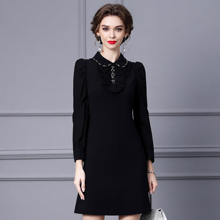 Elegant and Sophisticated Dress with a Doll Collar, French Style, Black, New Spring 2026 Collection, A-Line Midi Dress