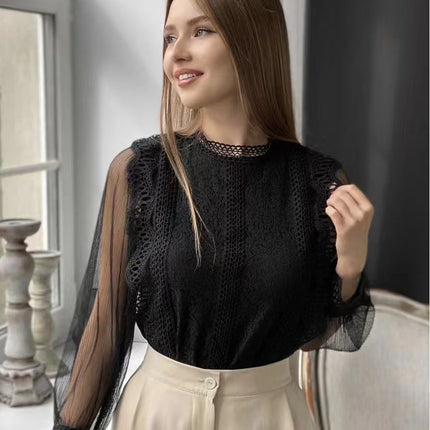 Europe, America and Russia Cross-border Foreign Trade New Elegant Solid Color Mesh Long Sleeve Puff Sleeve Crewneck Top Women's Lace Shirt