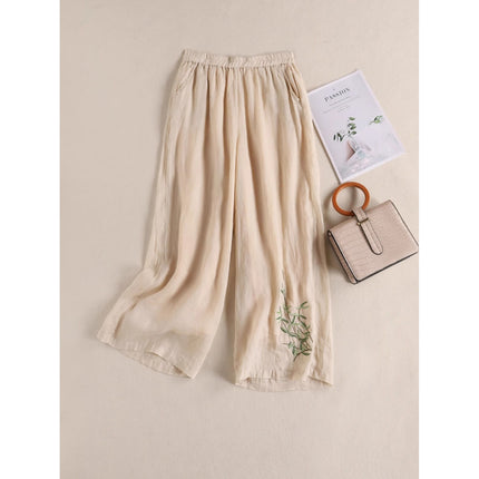 Southeast Asia Cross-Border Spring and Autumn Large Size Loose-Fitting Casual Slimming High-Waisted Cotton and Linen Embroidered Wide-Leg Pants