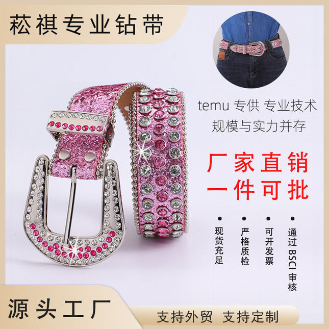 Women's Belt with Rhinestone Inlay Decoration, Versatile for Jeans, Bbsimon Belt Manufacturer Wholesale, Personalized and Trendy