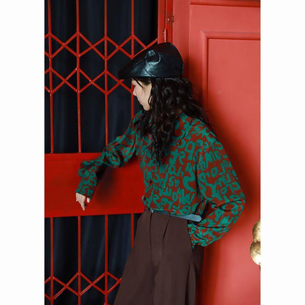 Top women's design sense niche light familiar shirt 2022 spring and autumn vintage printed green long sleeve mermaid Ji shirt fashion