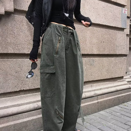 American Retro Army Green Multi-Pocket Design Cargo Pants for Women 2025 Summer High-Waisted Wide-Leg Floor-Length Jeans