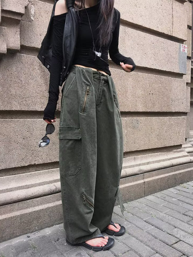 American Retro Army Green Multi-Pocket Design Cargo Pants for Women 2025 Summer High-Waisted Wide-Leg Floor-Length Jeans