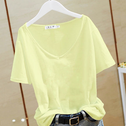 V-neck T-shirt Women's Cotton 2025 White Cartoon Short-sleeved regular Loose Printed Commuting Solid Color Base Shirt Trendy
