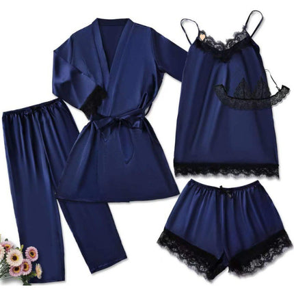 2024 New Sexy Pajamas Women's Spring and Summer Five-Piece Silk Black Lace Slip Skirt Long-Sleeved Nightgown Home Clothes