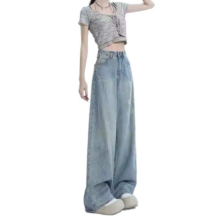 American Retro Wide-Leg Jeans for Women, Trendy Versatile New Ripped Design, Loose Slimming Drape Straight Pants