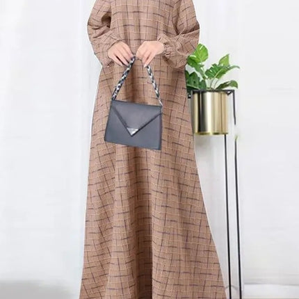 In-Stock Women's Cotton-Linen Vintage Long-Sleeve Plaid Round-Neck Floor-Length Dress Casual Loose Spring and Autumn Robe
