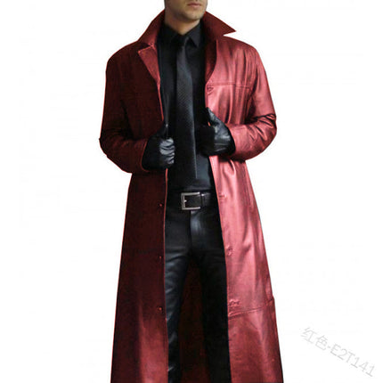In Stock 2025 New Men's Lapel Color Trench Coat Style Slim Leather Long Pu Leather Jacket Men's Jacket