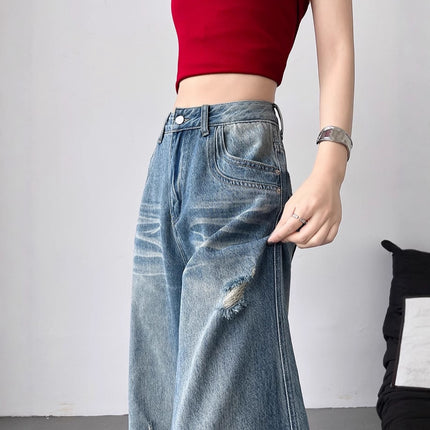 Spring New Retro Washed Ripped Denim Wide-Leg Pants for Women, Loose Slimming Straight-Leg Casual Pants, Floor-Length Pants